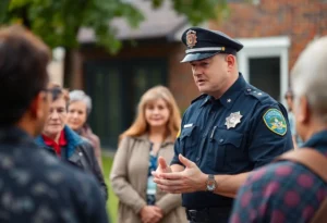 Police officer addressing the community about crime and safety.