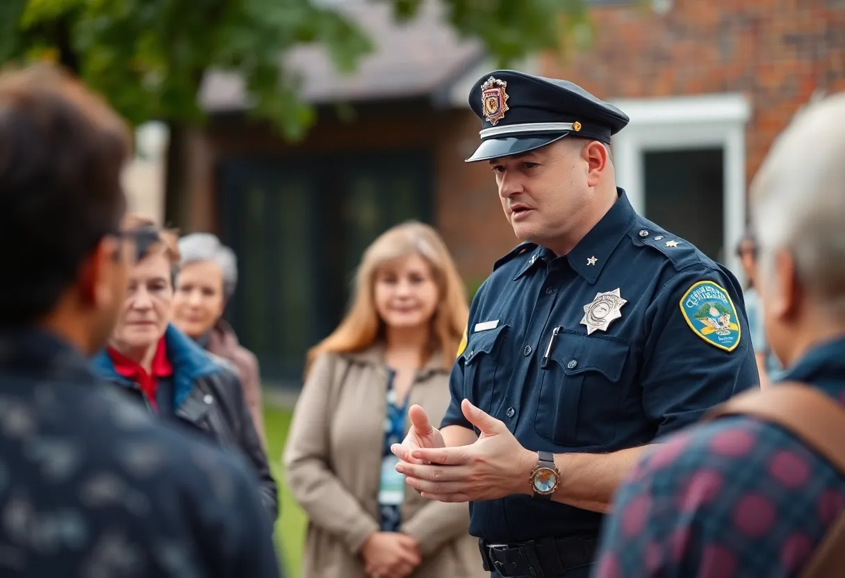 Police officer addressing the community about crime and safety.