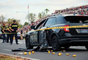 Police officers investigating a shooting scene near LSU Law Center