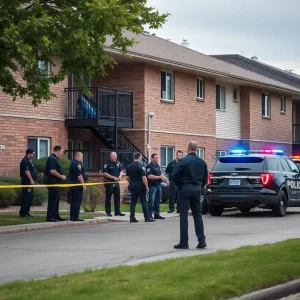 Police officers responding to a domestic violence situation at an apartment complex.