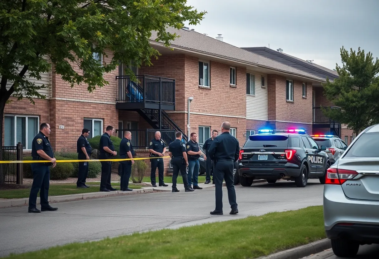 Police officers responding to a domestic violence situation at an apartment complex.