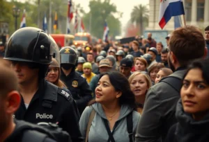 Scene of chaos at a public event with emergency responders and onlookers.