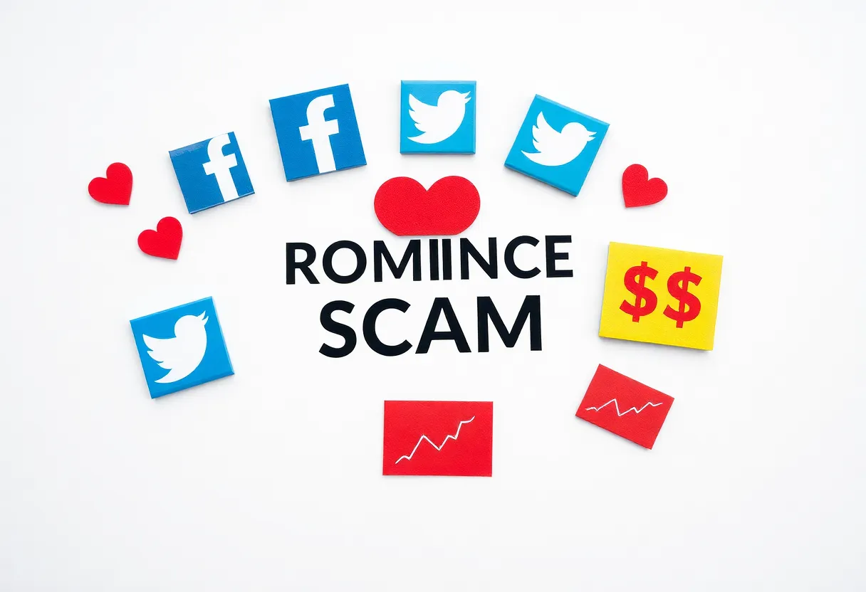 Illustration depicting romance scam concepts with social media platforms and financial loss.