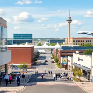 A bustling scene depicting economic activities in Shreveport-Bossier with casinos, travel, and shopping.