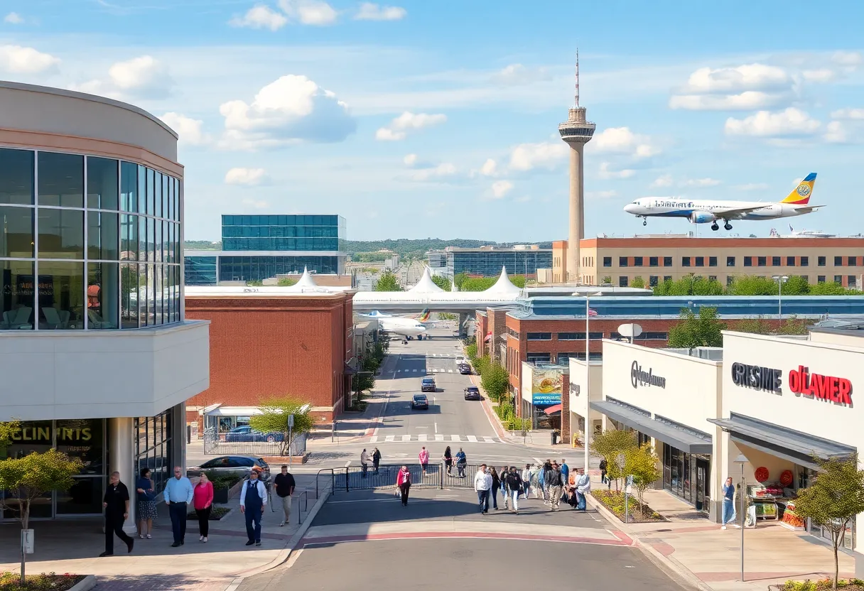 A bustling scene depicting economic activities in Shreveport-Bossier with casinos, travel, and shopping.