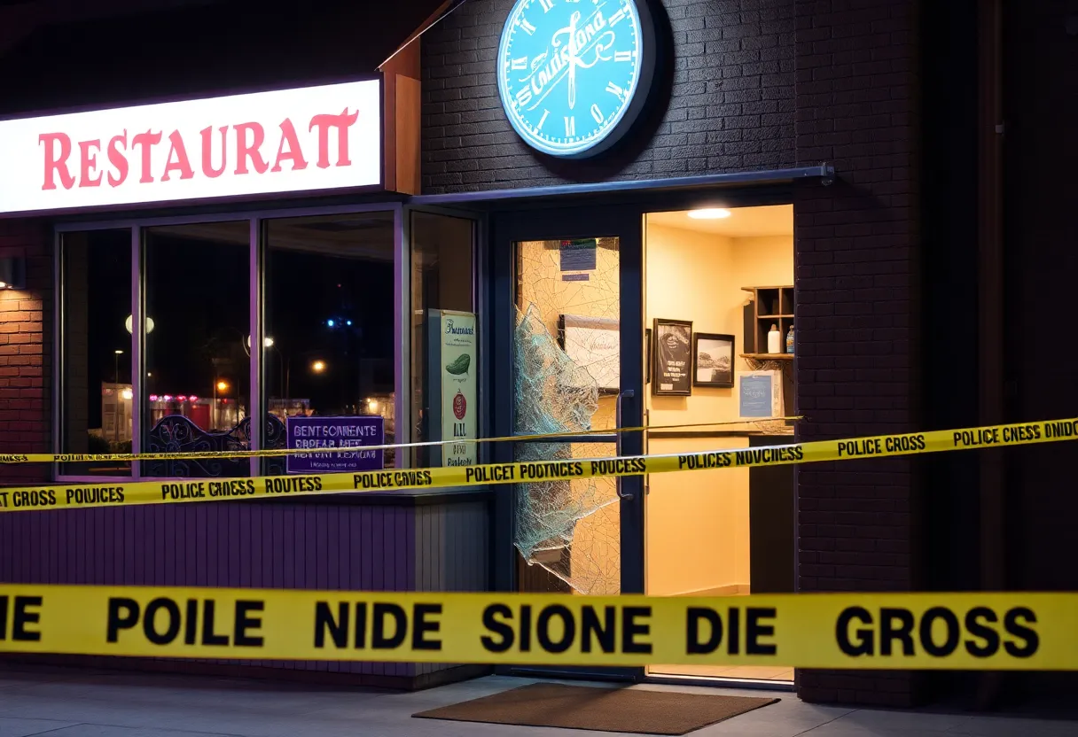 Broken glass door at Chuck Wagon Crawfish after a late-night burglary.