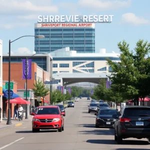 Downtown Shreveport with local businesses and people showcasing economic activity