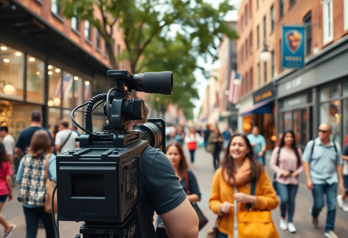Downtown Shreveport with film production signs