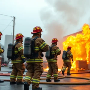 Firefighters managing a hazardous material fire in Shreveport