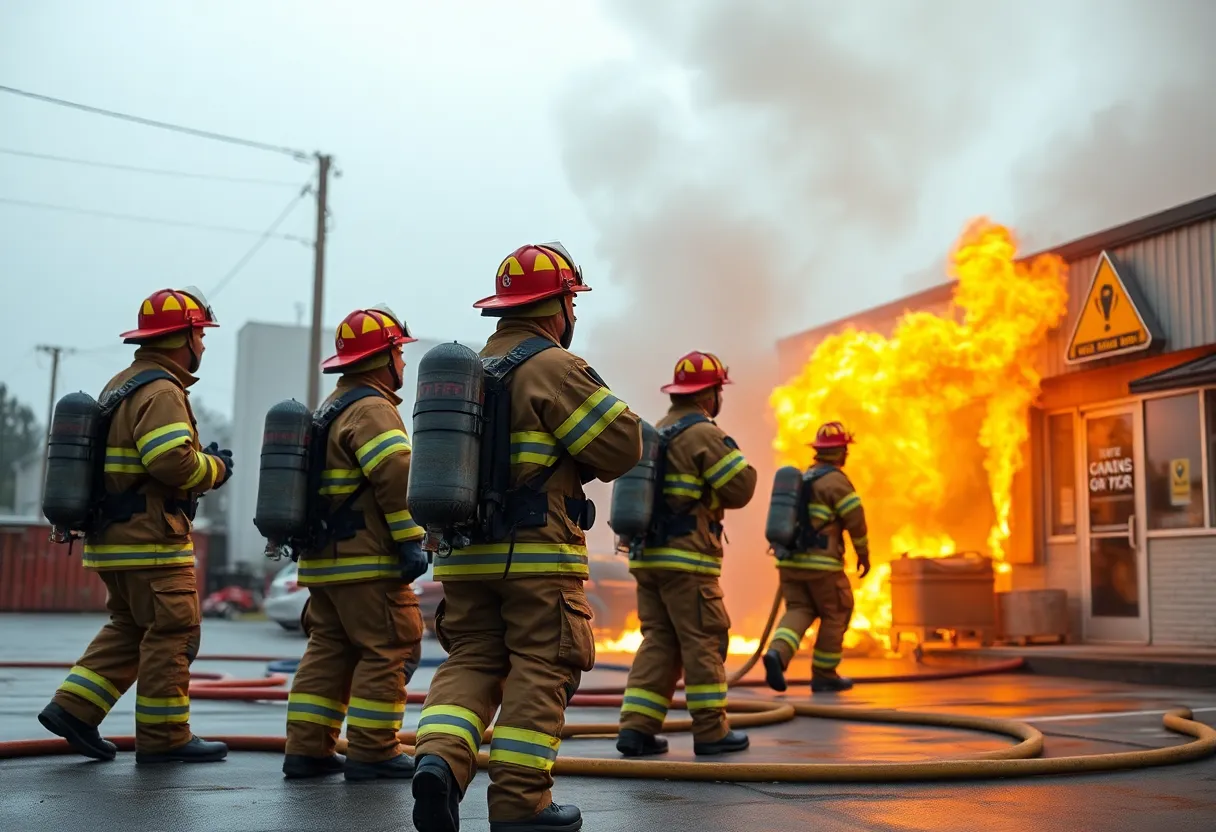 Firefighters managing a hazardous material fire in Shreveport