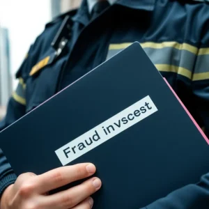 Police officer with fraud investigation folder in Shreveport