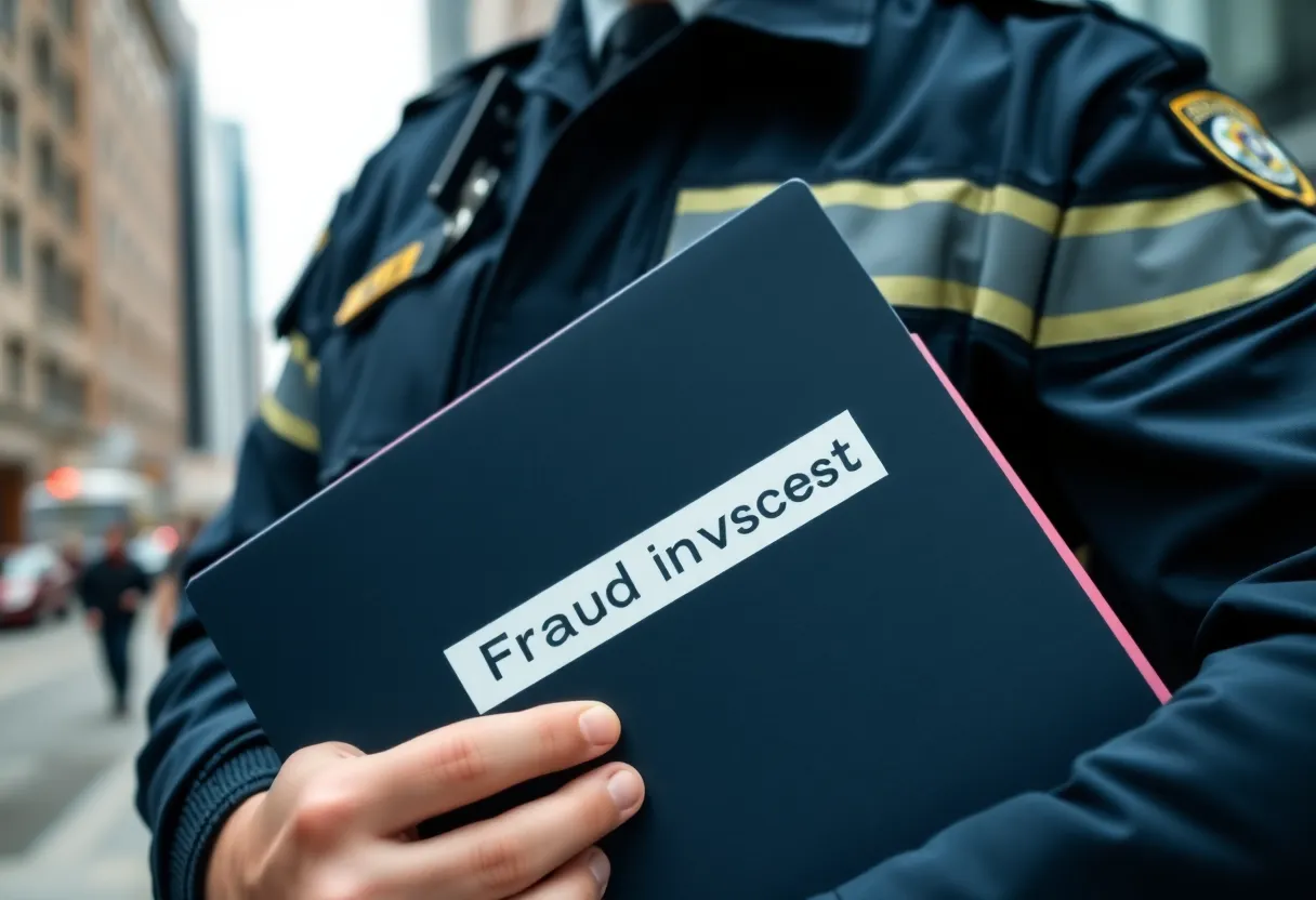 Police officer with fraud investigation folder in Shreveport