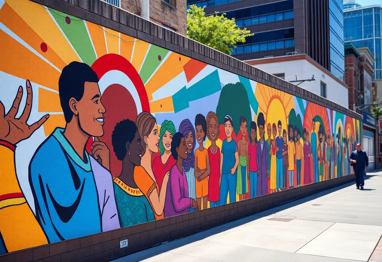Mural in downtown Shreveport representing diversity and community engagement.