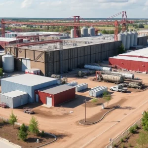 Revitalized industrial landscape of the former Libbey Glass site in Shreveport