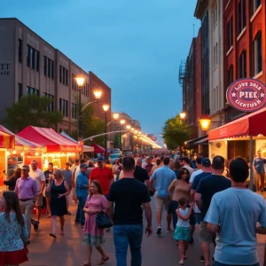 Crowd enjoying a block party in downtown Shreveport with food vendors and live music
