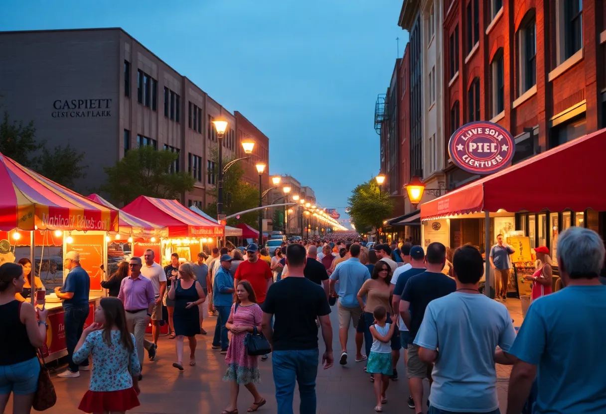 Crowd enjoying a block party in downtown Shreveport with food vendors and live music