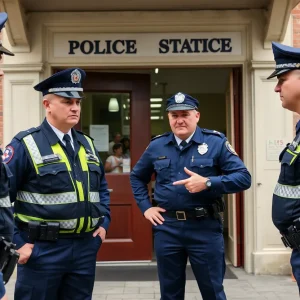 Police officers in front of Shreveport Police Department building.