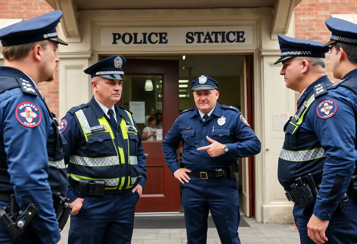 Police officers in front of Shreveport Police Department building.