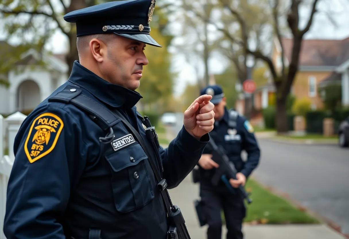 Police officer conducting a search in a neighborhood for crime prevention.