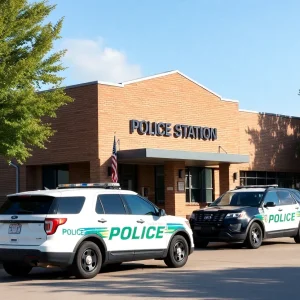 Exterior view of Shreveport Police Station with police cars.