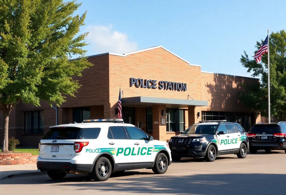 Exterior view of Shreveport Police Station with police cars.