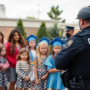Law enforcement officers responding to an incident at a preschool graduation