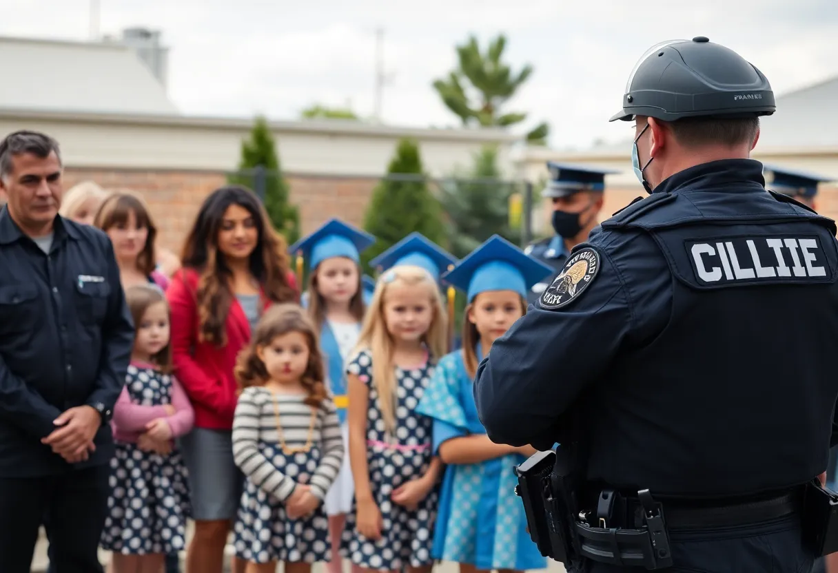 Law enforcement officers responding to an incident at a preschool graduation