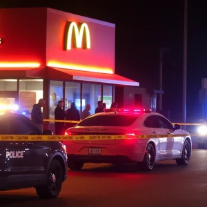 Police cars and scene of a shooting investigation near a restaurant
