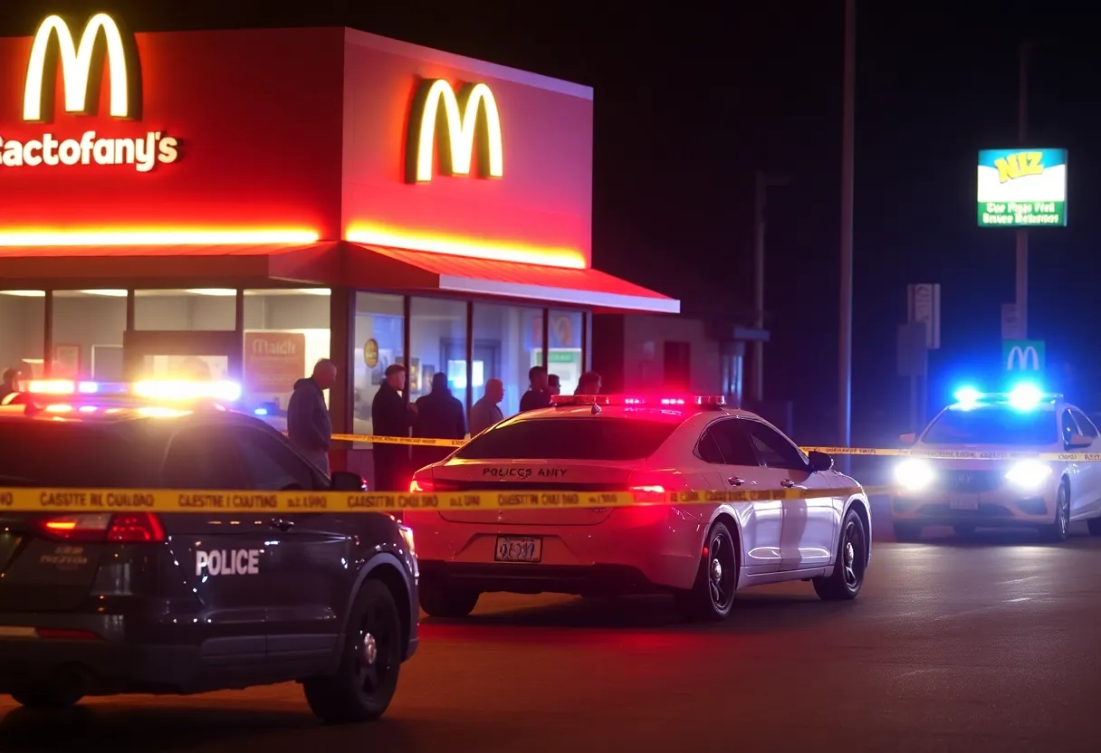 Police cars and scene of a shooting investigation near a restaurant