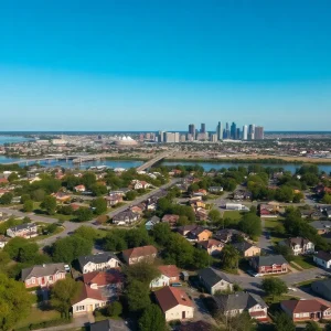 Aerial view of Shreveport showing residential areas and the skyline.