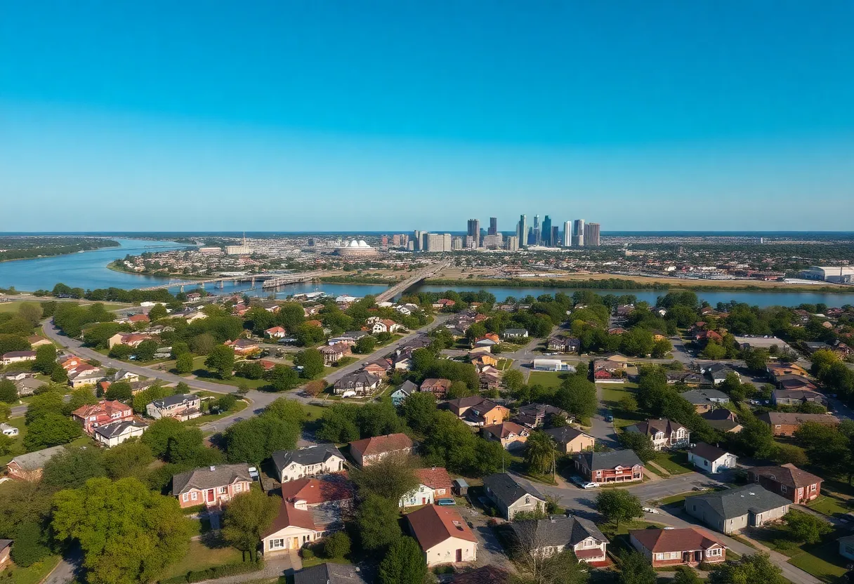 Aerial view of Shreveport showing residential areas and the skyline.