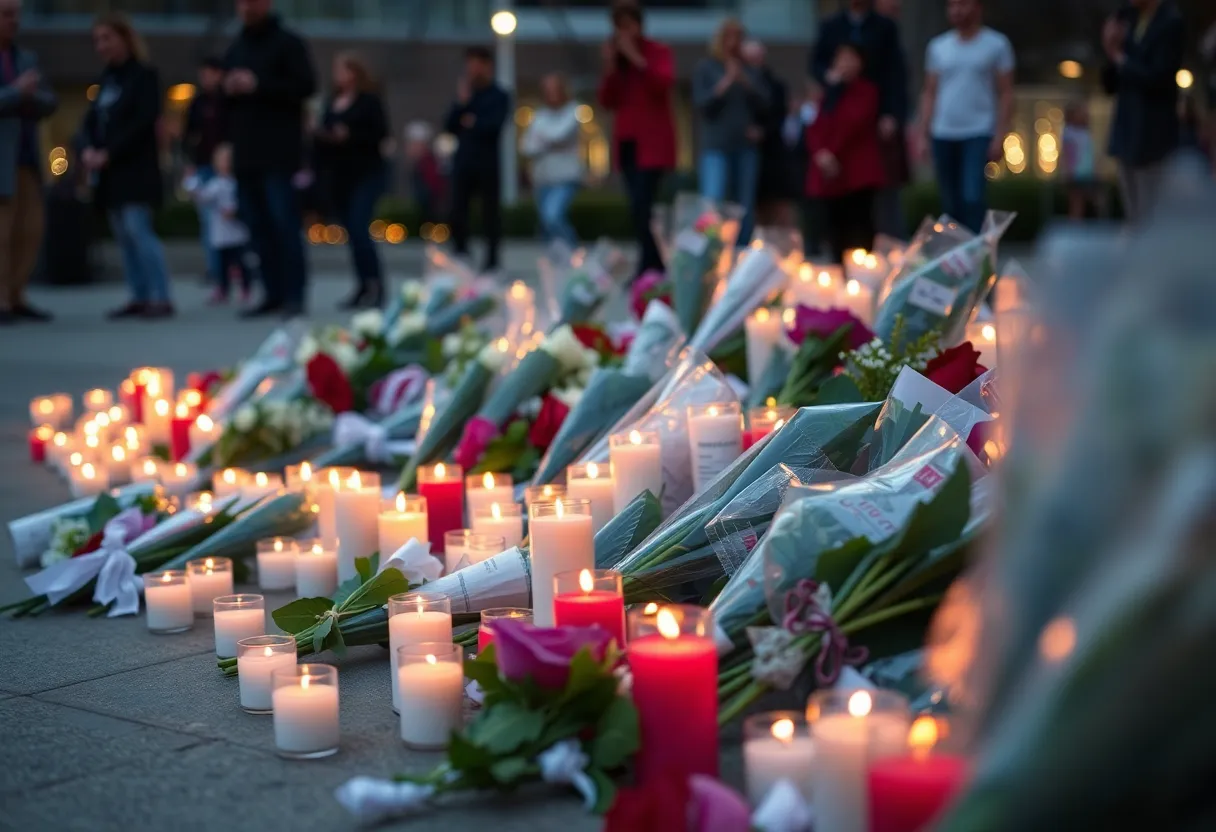 Vigil for victims of gun violence with candles and flowers