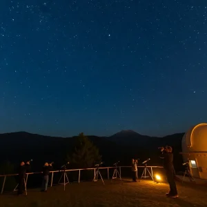 People stargazing with telescopes at the Shreveport Observatory under a starry night sky.