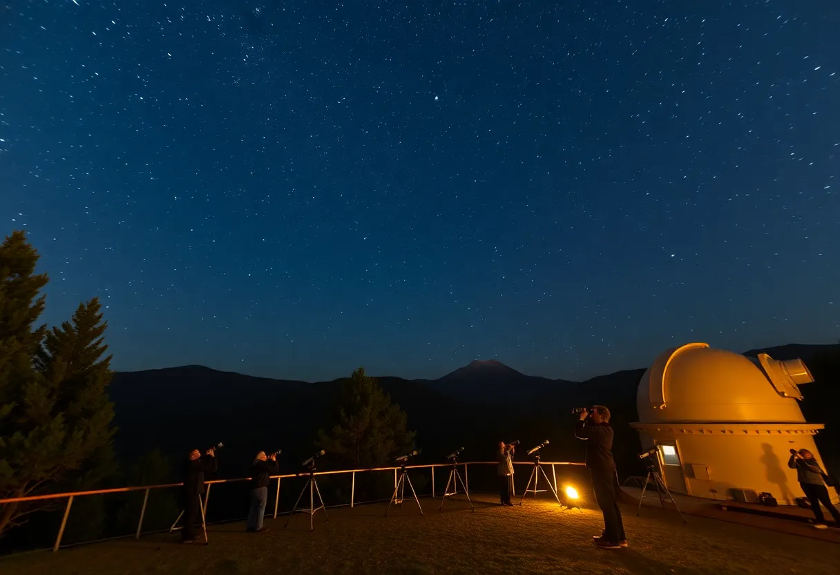 People stargazing with telescopes at the Shreveport Observatory under a starry night sky.