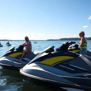Community members enjoying a day at the lake with jet skis in the background.