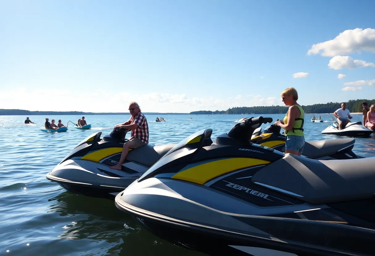 Community members enjoying a day at the lake with jet skis in the background.