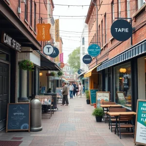 Small business street in Shreveport with shops and cafes