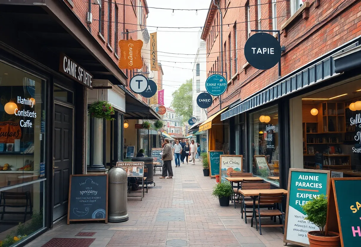 Small business street in Shreveport with shops and cafes