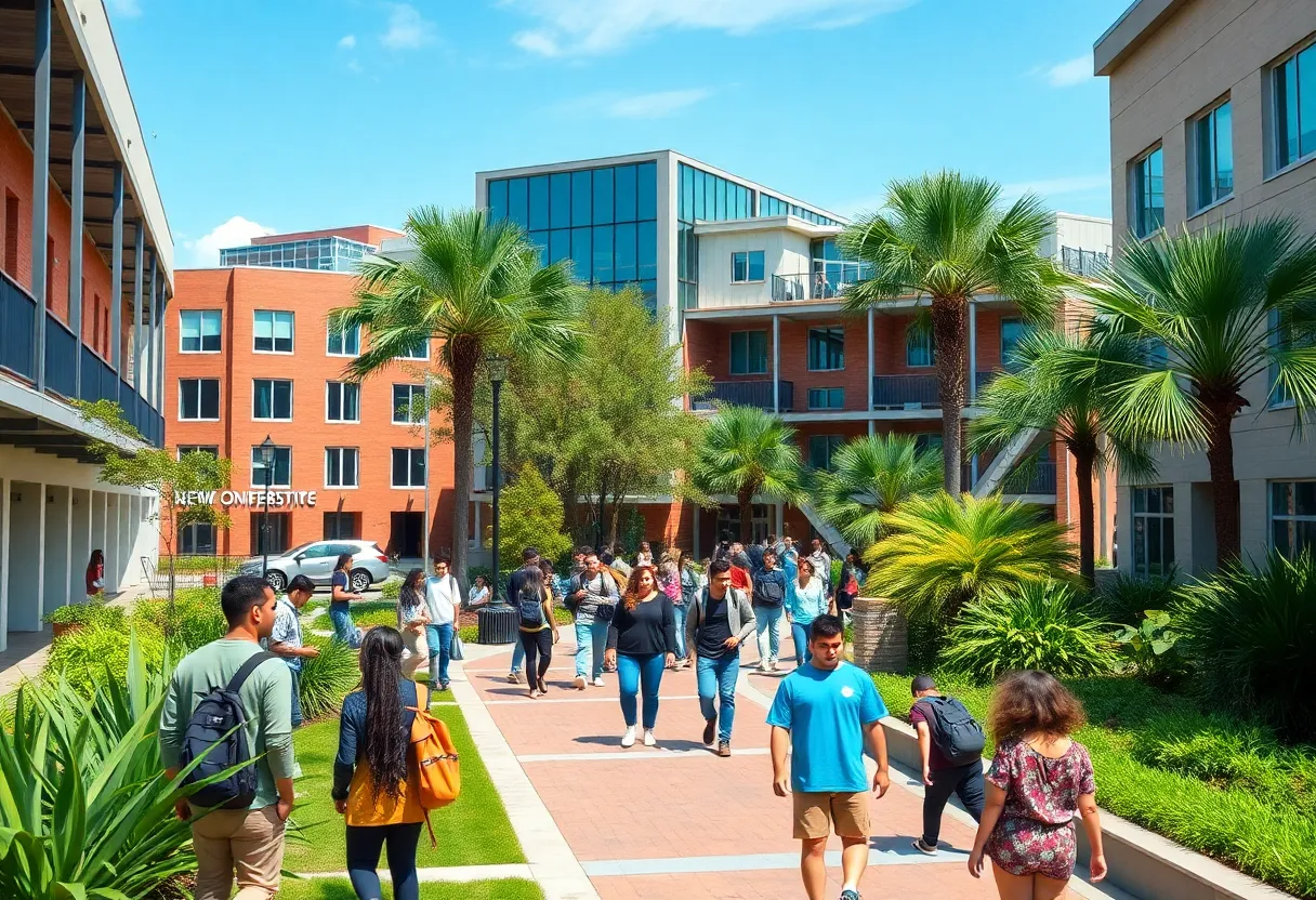Campus view of University of New Orleans with students and buildings