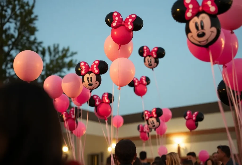 Community members at a balloon release in memory of students lost in a house fire, with balloons in pink, white, and black.