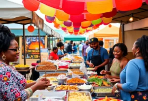 Vibrant scene from Black Restaurant Week in Shreveport with food stalls and attendees enjoying the festivities