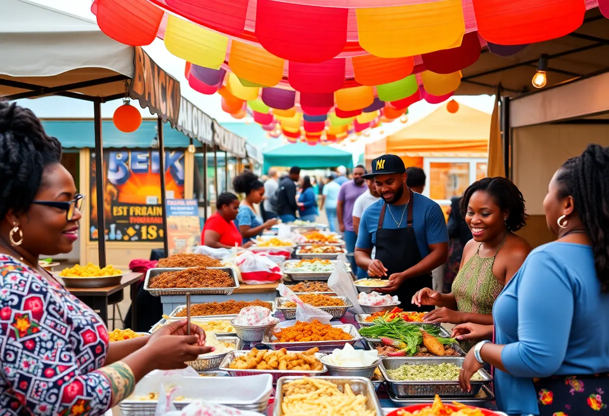 Vibrant scene from Black Restaurant Week in Shreveport with food stalls and attendees enjoying the festivities