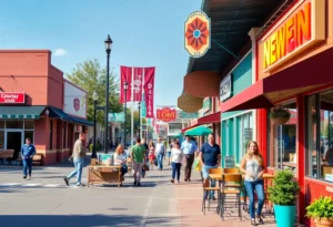 A lively street in Bossier City showcasing new business openings with people dining and shopping.