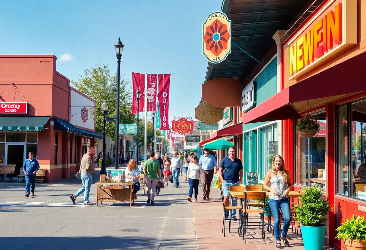 A lively street in Bossier City showcasing new business openings with people dining and shopping.