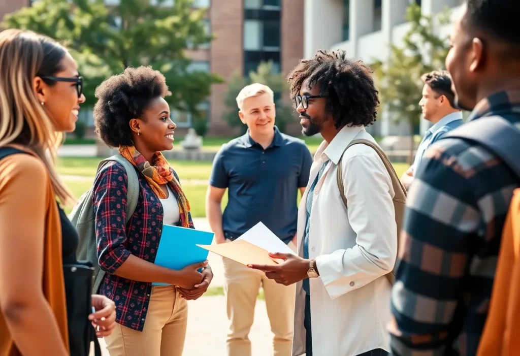 Group of diverse candidates discussing on a university campus