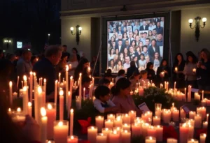 Crowd gathered at a vigil with lit candles in memory of a conservative activist