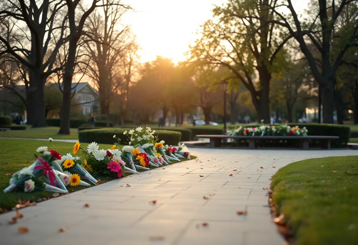A peaceful scene of remembrance with flowers in a park