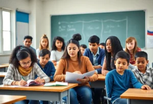 Diverse teachers in a classroom setting with students.