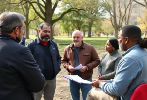 Fathers gathering in Bilberry Park for a community meeting on fatherhood support.