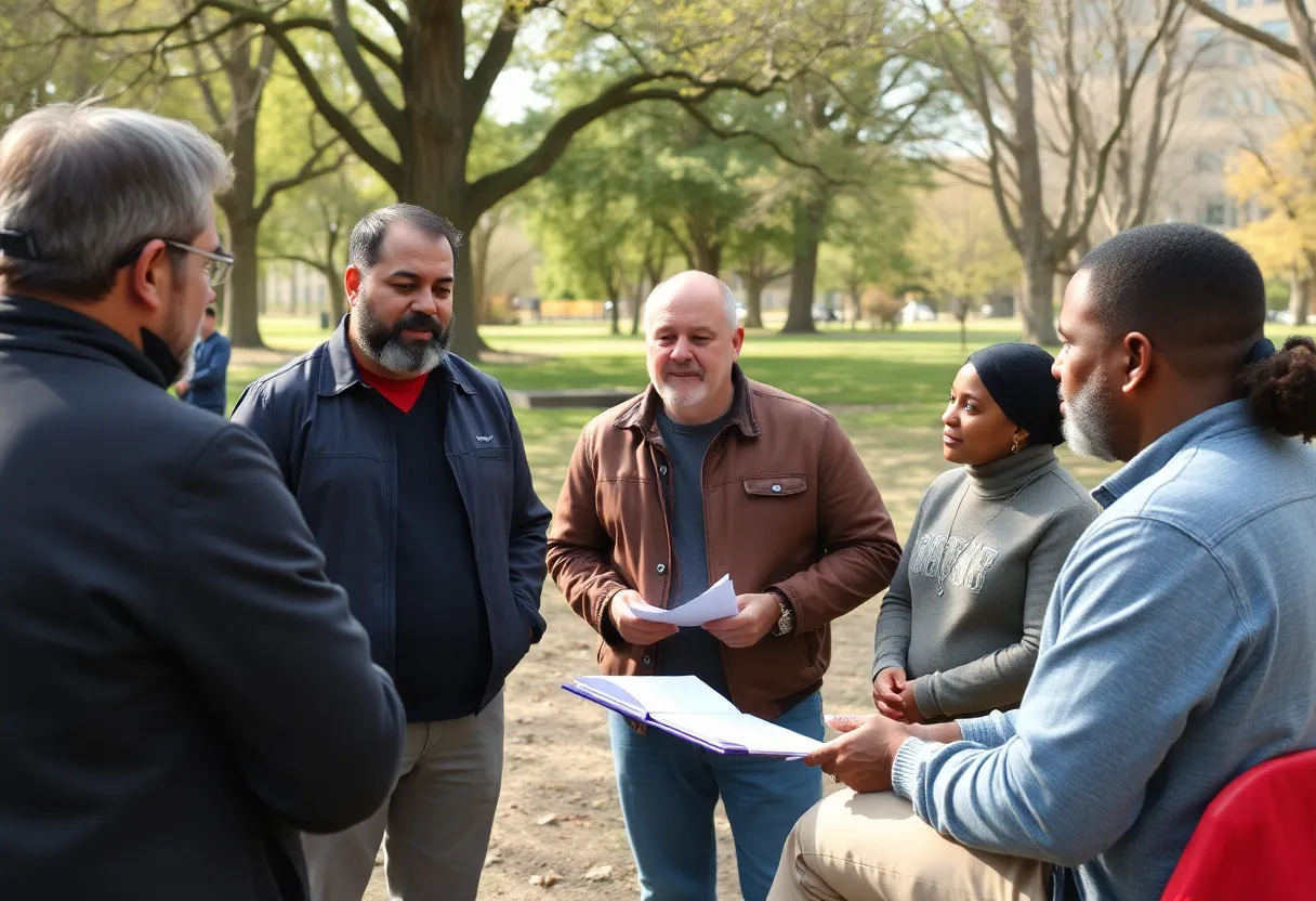 Fathers gathering in Bilberry Park for a community meeting on fatherhood support.